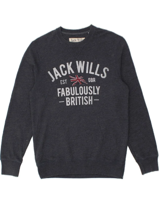 JACK WILLS Mens Graphic Sweatshirt Jumper Medium Navy Blue Cotton Hoodie with Hidden Zipper Minimalist Clean