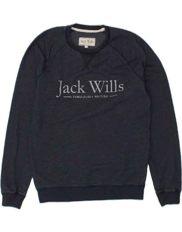 JACK WILLS Mens Graphic Sweatshirt Jumper Small Navy Blue Cotton Hoodie with Front Slit Layering Stylish