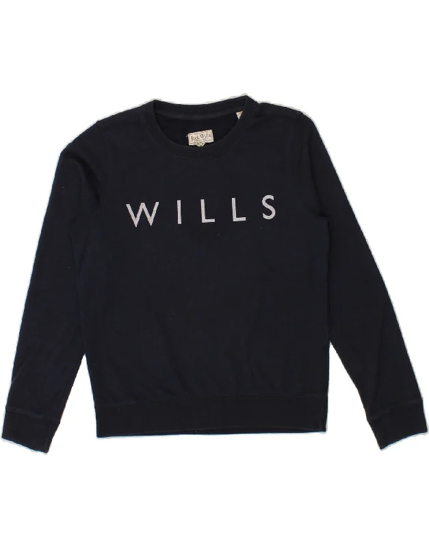 JACK WILLS Womens Graphic Sweatshirt Jumper UK 8 Small  Navy Blue Cotton Hoodie with Distressed Vintage Worn