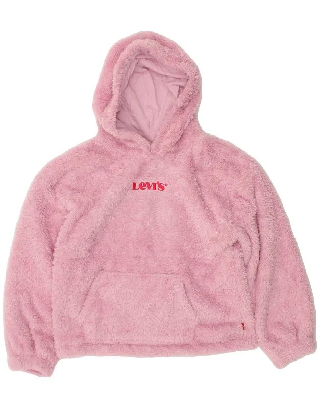 LEVI'S Girls Graphic Fleece Hoodie Jumper 9-10 Years Pink Polyester Hoodie Crop Top Short Trendy