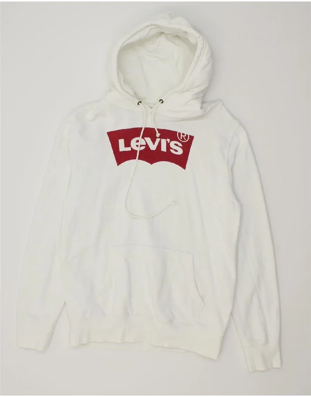 LEVI'S Mens Graphic Hoodie Jumper Medium White Cotton Hoodie with Hem Patch Decorative Personalized