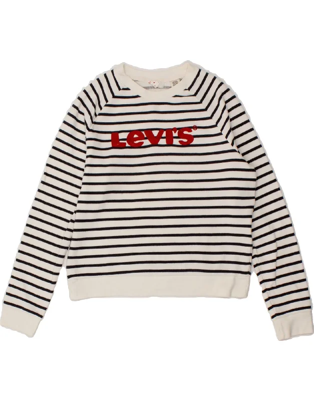 LEVI'S Womens Graphic Sweatshirt Jumper UK 14 Medium Navy Blue Striped Hoodie with Puffed Sleeves Voluminous Trendy