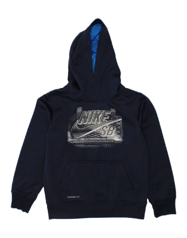 NIKE Boys Therma-Fit Graphic Hoodie Jumper 8-9 Years Small Navy Blue Hoodie with Color Block Contrast Stylish