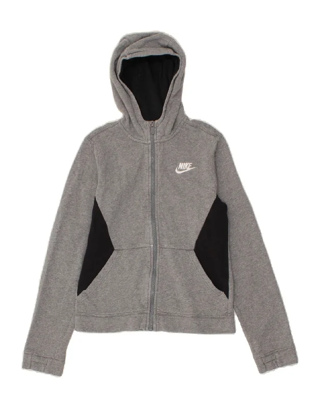 NIKE Boys Zip Hoodie Sweater 11-12 Years Large Grey Colourblock Cotton Hoodie with Monochrome Minimalist Simple