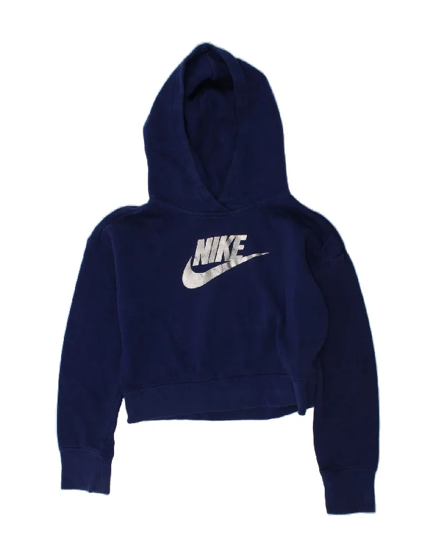 NIKE Girls Crop Graphic Hoodie Jumper 12-13 Years Large Navy Blue Cotton Hoodie with Rhinestones Sparkly Elegant