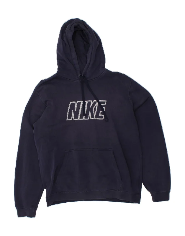 NIKE Mens Graphic Hoodie Jumper Medium Navy Blue Cotton Hoodie with Hem Embroidery Detailed Premium