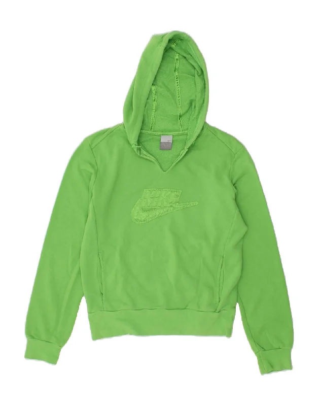 NIKE Womens Graphic Hoodie Jumper UK 14/16 Large Green Hoodie with Tied Waist Feminine Flattering