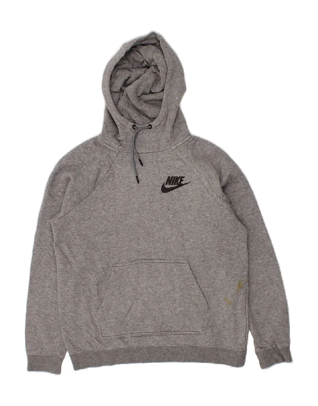 NIKE Womens Graphic Hoodie Jumper UK 14 Medium Grey Cotton Zip Hoodie Drawstring Kangaroo Pocket