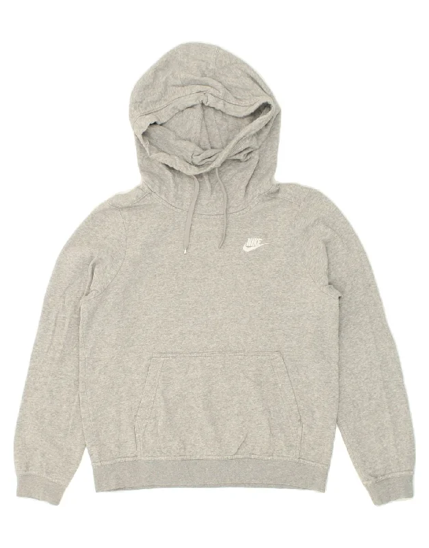 NIKE Womens Oversized Hoodie Jumper UK 10 Small Grey Cotton Hoodie with Hem Embroidery Detailed Premium