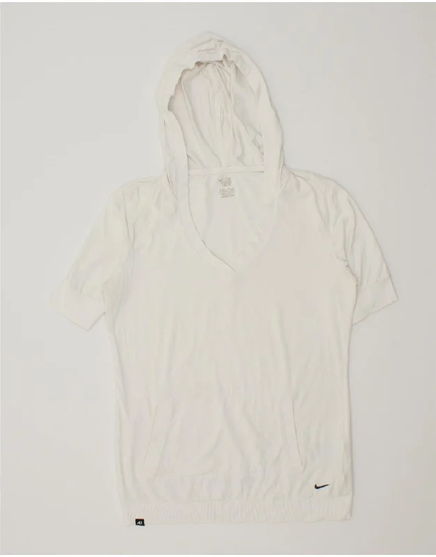 NIKE Womens Short Sleeve Hoodie Jumper UK 16/18 Large White Cotton Hoodie with Hood Adjustable Protection