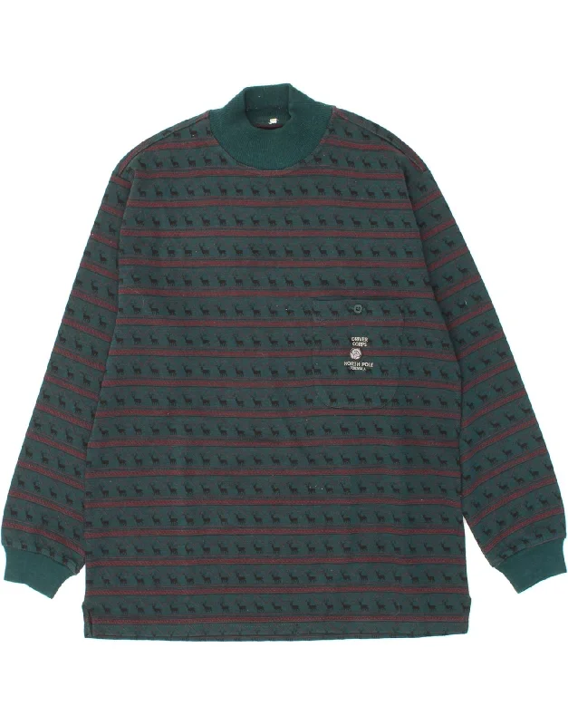 NORTH POLE Mens Sweatshirt Jumper Medium Green Striped Hoodie with Print Artistic Unique