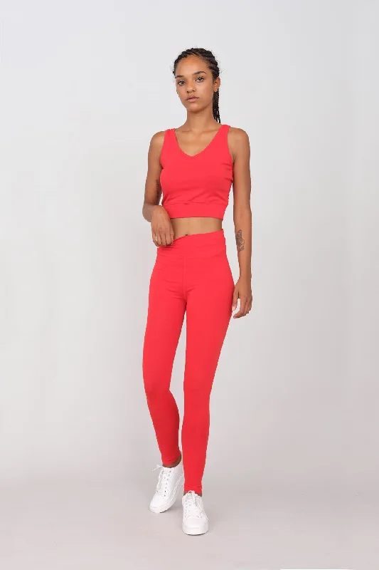 Sporty Set Leggings And Top Red Comfortable Lounge Leggings