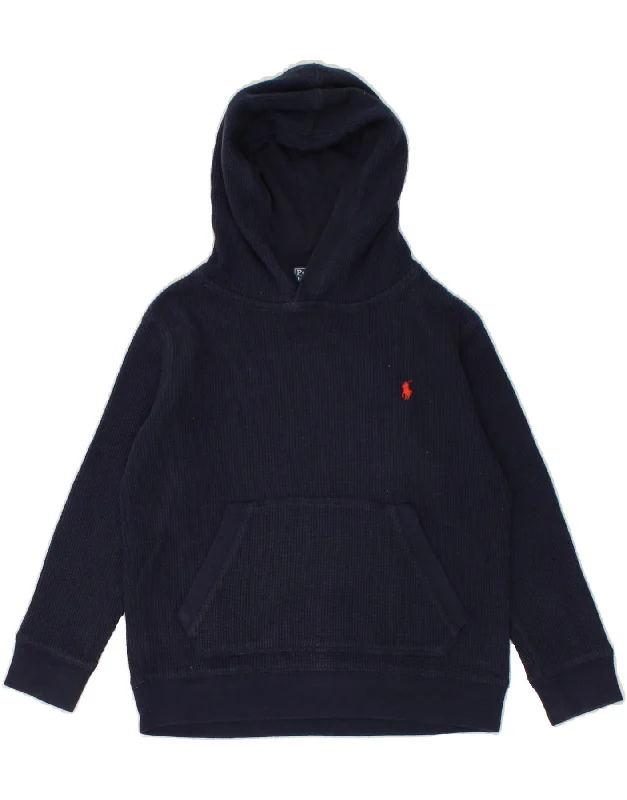 POLO RALPH LAUREN Boys Hoodie Jumper 5-6 Years Navy Blue Cotton Hoodie with Crew Neck Simple Timeless