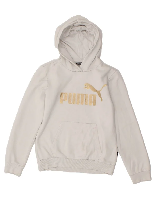 PUMA Girls Graphic Hoodie Jumper 11-12 Years White Cotton Hoodie with Mock Neck Collared Structured