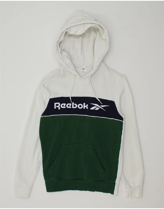 REEBOK Mens Graphic Hoodie Jumper XS White Colourblock Cotton Hoodie Crop Top Short Trendy