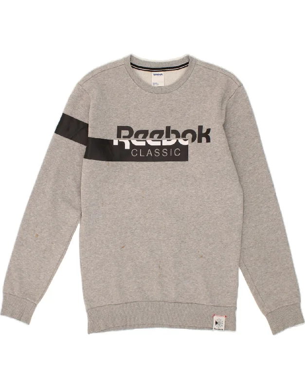 REEBOK Mens Graphic Sweatshirt Jumper Small Grey Cotton Hoodie with Ribbed Neckline Snug Warm