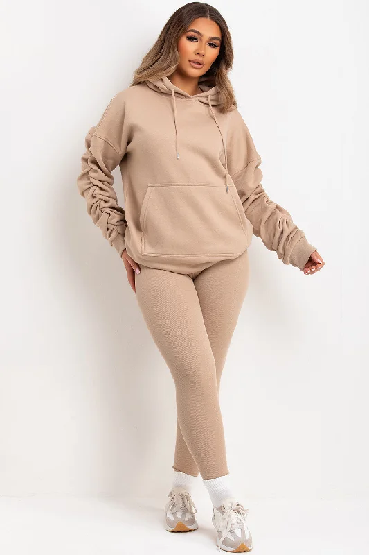 Ruched Sleeve Hoodie And Leggings Loungewear Set Beige Fashionable High-Rise Workout Leggings