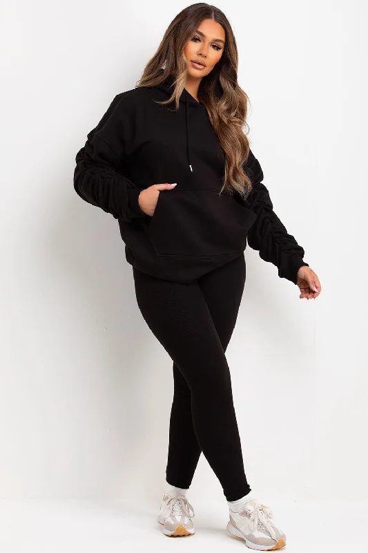 Ruched Sleeve Hoodie And Leggings Loungewear Set Black Comfortable Zip-Up Leggings