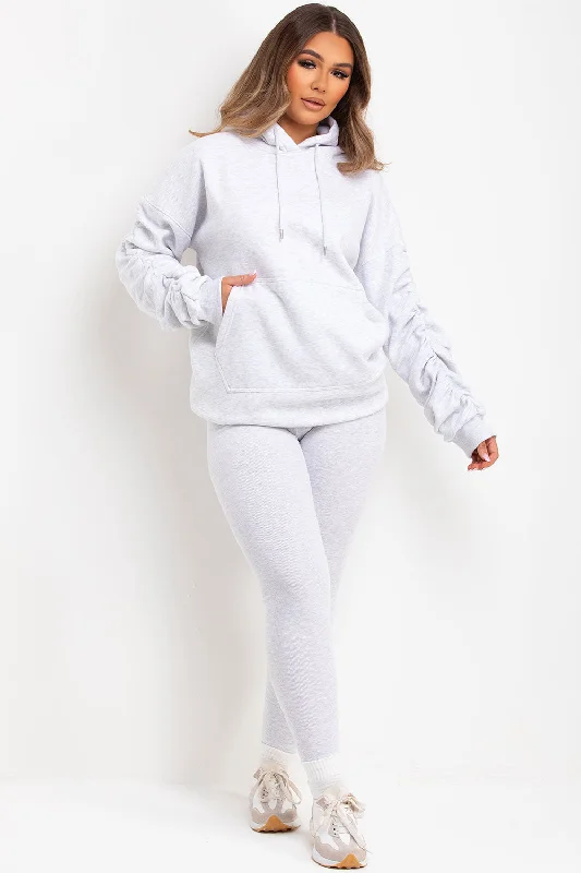 Ruched Sleeve Hoodie And Leggings Loungewear Set Grey Marl Stylish Sweat-Proof Leggings