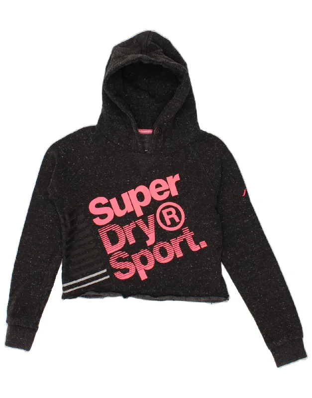 SUPERDRY Womens Crop Graphic Hoodie Jumper UK 10 Small Black Flecked Hoodie with Cropped Fit Short Trendy