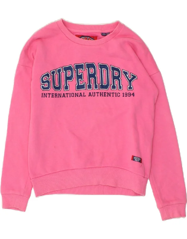 SUPERDRY Womens Oversized Graphic Sweatshirt Jumper UK 8 Small Pink Hoodie with Patch Decorative Personalized