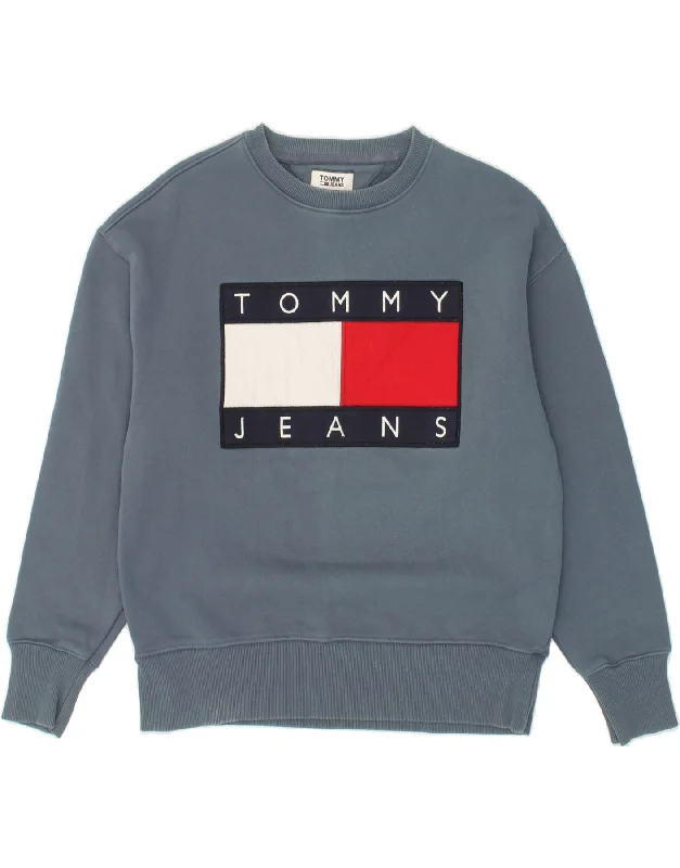 TOMMY HILFIGER Mens Graphic Sweatshirt Jumper Small Grey Cotton Hooded Sweatshirt Casual Wear Street Style