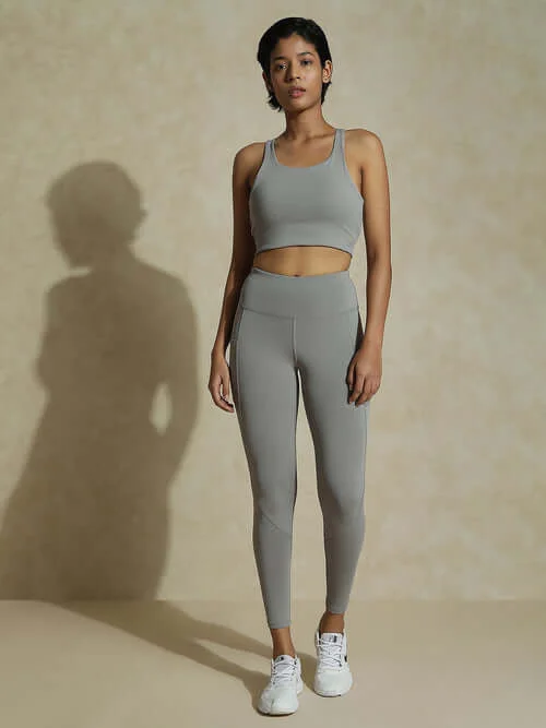 Cloud Grey High Impact Action Bra & Aura Leggings Stylish Side-Stripe Leggings