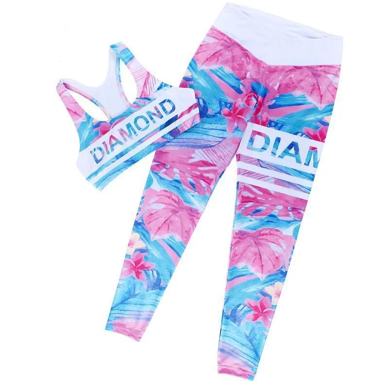 Diamonds Sports Bra & Printed Leggings Yoga Set Comfortable Slip-On Compression Leggings