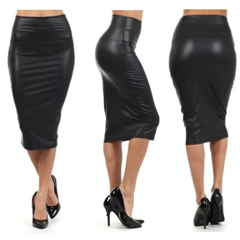 Back Split Women Skirt Black Bodycon Skirt High Waist PU Leather Skirt high waist skirt