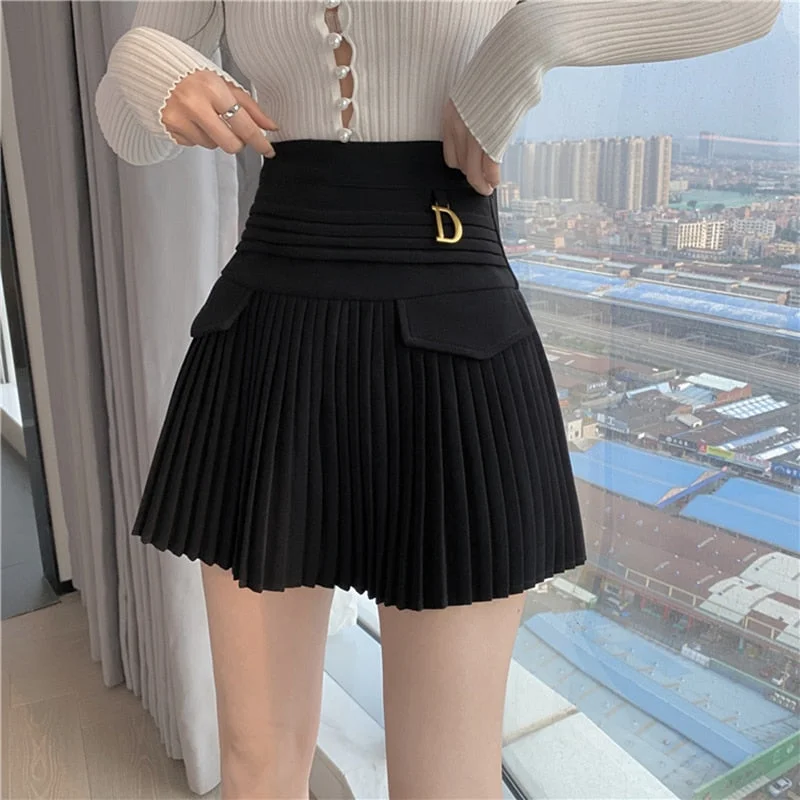 Black Pleated Skirts Women High Waist Mini Skirt A-Line Skirt wrap skirt elegant