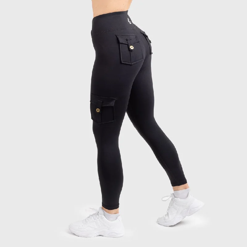 Cargo Leggings, Black Stylish Sporty Performance Leggings