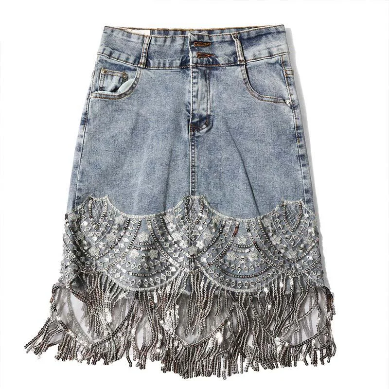 Denim Mini Skirts High Waist Blue Hip Jeans Beading Tassel Skirt flowy skirt hem