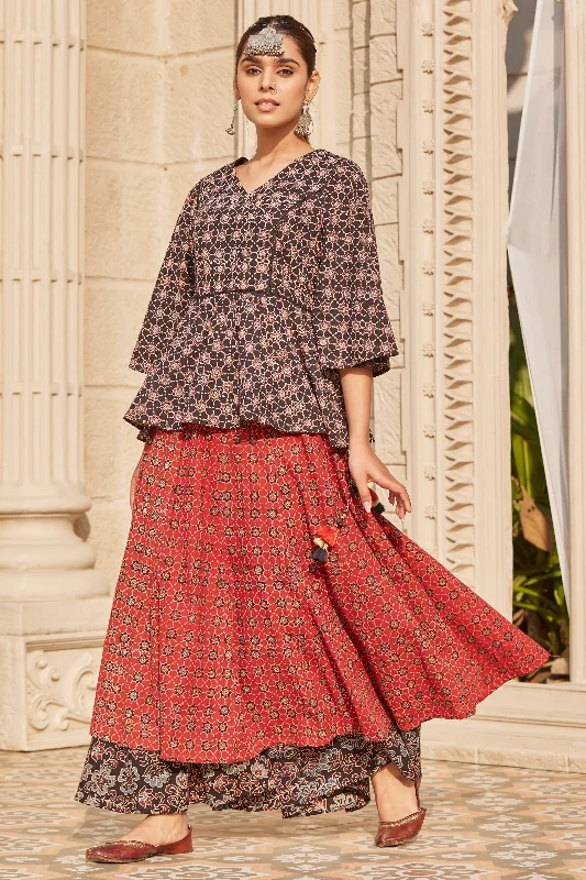 Dual Layered Ajrakh Print Flared Skirt a-line skirt cut