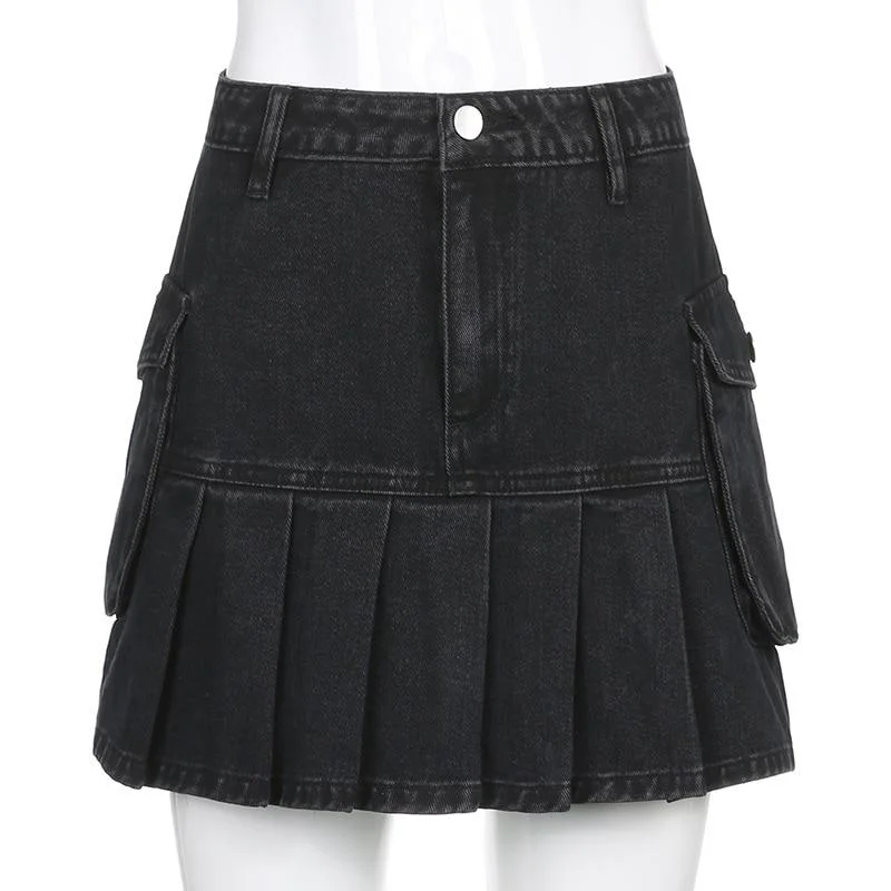 High Waist Jean Skirts Denim Pleated Skirts with Big Pockets Outfit corduroy skirt durable