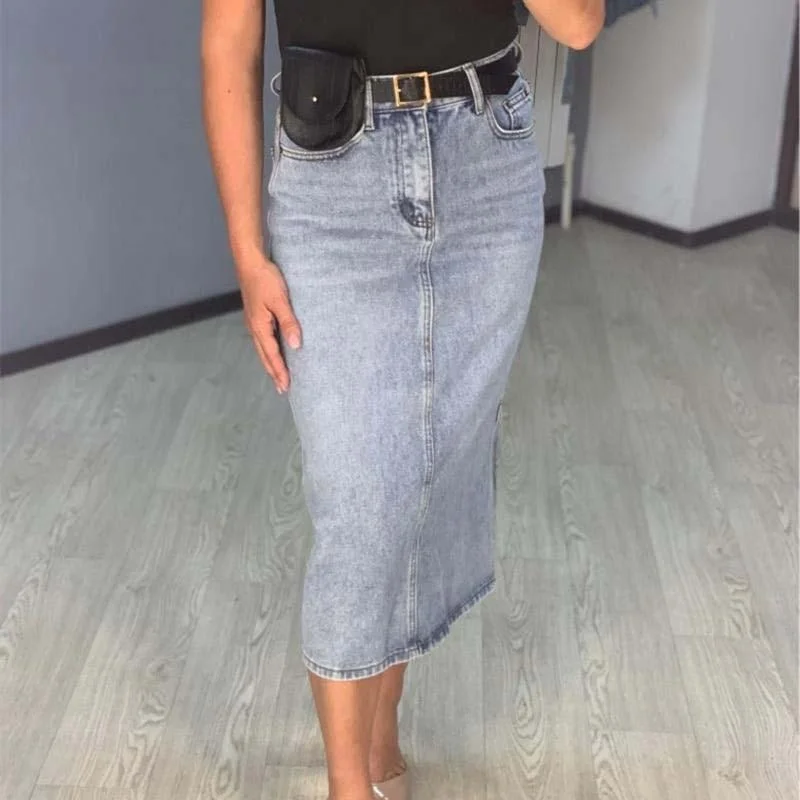 Long Denim Skirt Women Vintage High Waist Jeans Skirt with Belt cashmere skirt rich