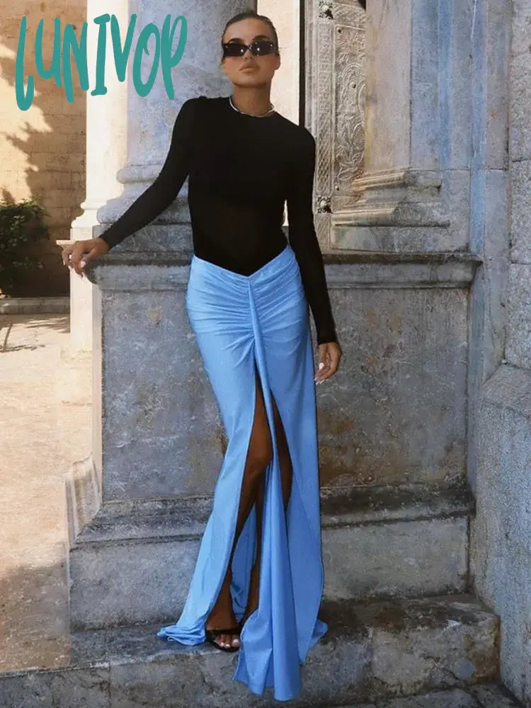 Lunivop Luxury Women Summer Sexy Long Sleeve Mesh Black Blue Mermaid Bodycon Skirt Set Elegant Evening Club Party Outfits chiffon skirt lightweight