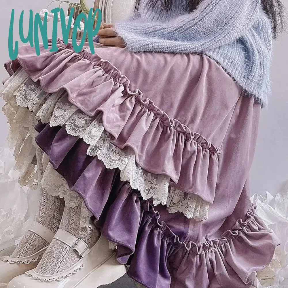 Lunivop Purple Vintage Evening Party Midi Skirt Women Lace Kawaii Lolita Fairy Skirt Autumn Winter Irregular Retro Elegant Skirts velvet skirt plush