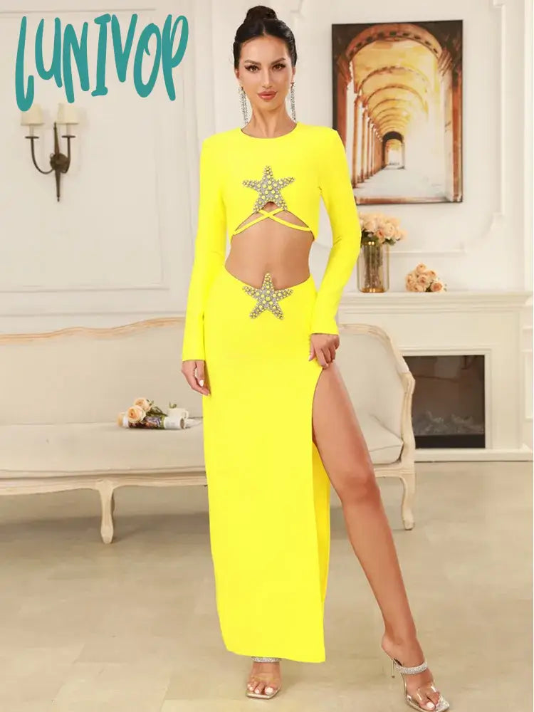 Lunivop Women Celebrity Sexy Long Sleeve Starfish Yellow Maxi Long Bodycon Bandage Skirt Set Elegant Evening Club Party Outfit velvet skirt plush