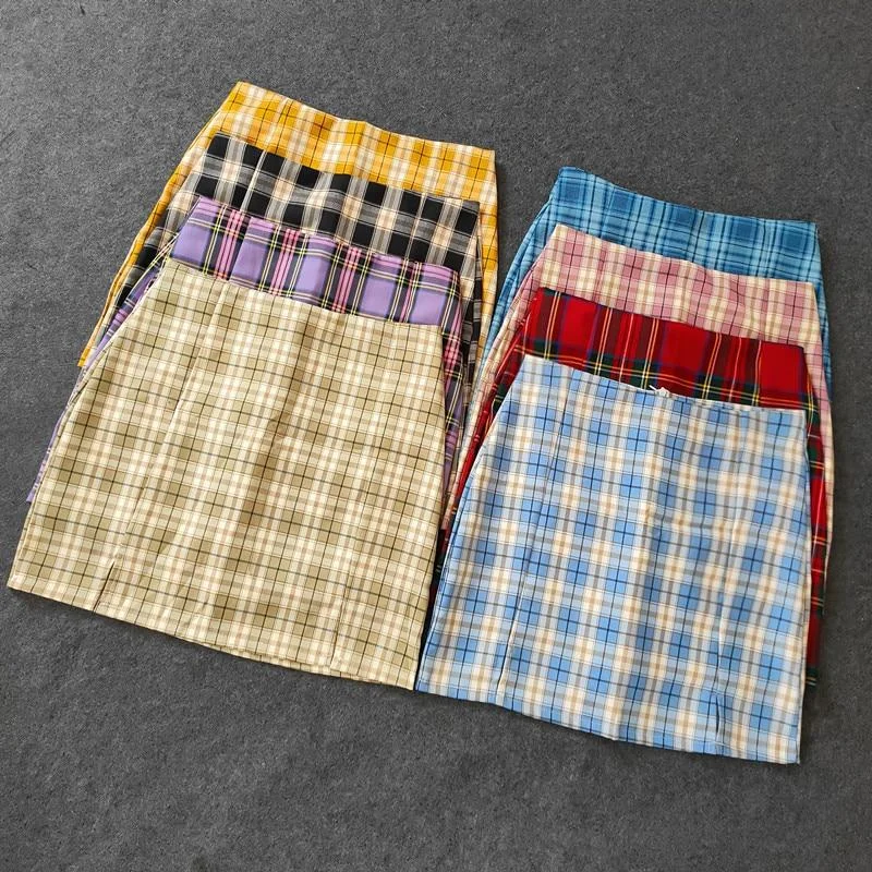 Plaid Pencil Skirts Women's High Waist Mini Skirts Lining With Shorts midi skirt versatile