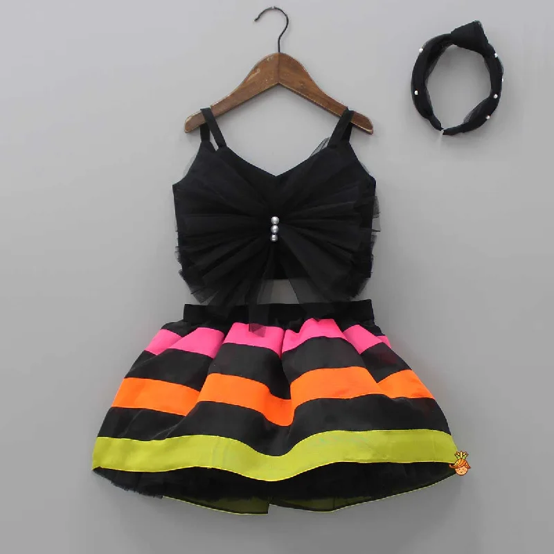 Pre Order: Black Frilly Bow Top And Multi Colour Lace Applique Skirt With Matching Pearl Work Hair Band belted skirt waist