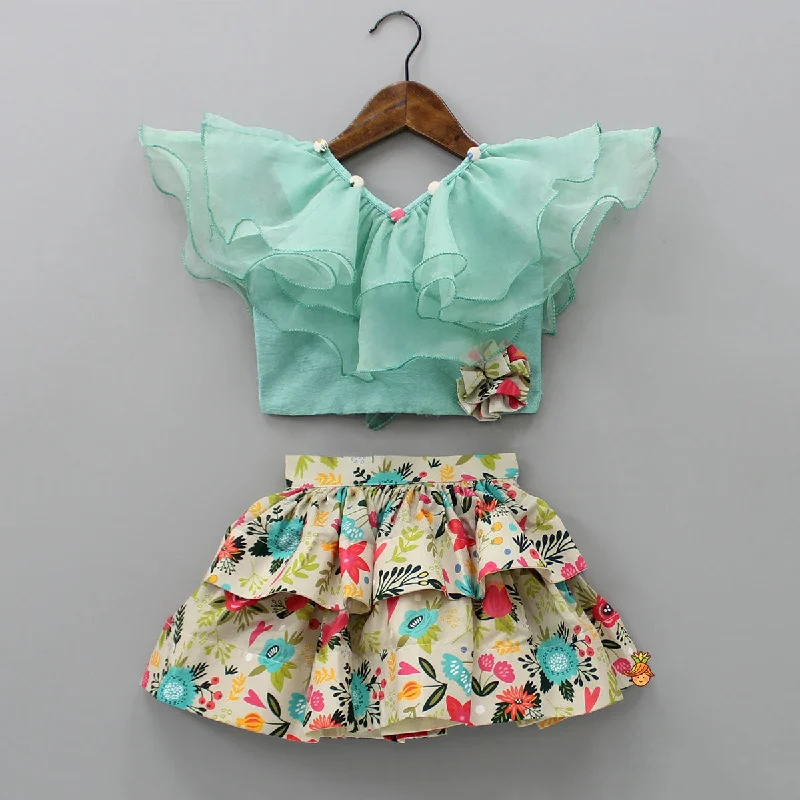 Pre Order: Frilly Top And Floral Printed Layered Short Skirt patchwork skirt art