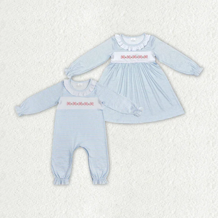 RTS NO MOQ Bow embroidery striped skirt and romper Blue Stripes Bows Sibling Sister low waist skirt