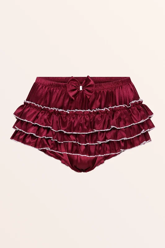 Sissy Satin Ruffled Skirted Panties - Wine Red chiffon skirt lightweight