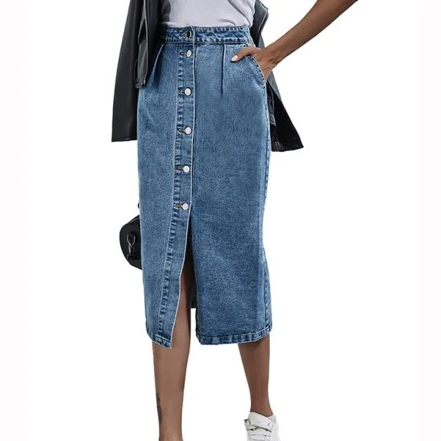 Single Breasted Knee Length Denim Skirt Women Casual High Waist Skirt silk skirt elegant