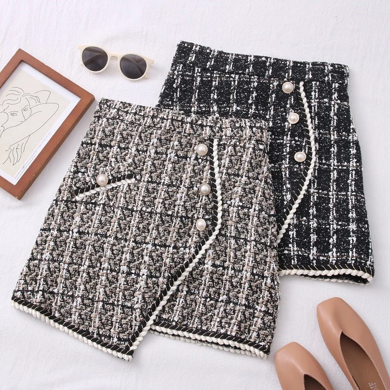 Women Tweed Skirts Solid High Waist Skirt Double Breasted Mini Skirt cotton skirt soft