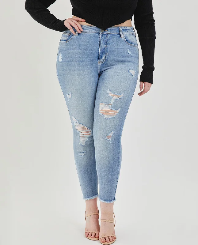 Cello PLUS Mid-Rise Crop Skinny with Fray Hem Jeans Fashionable Jeggings Style Jeans