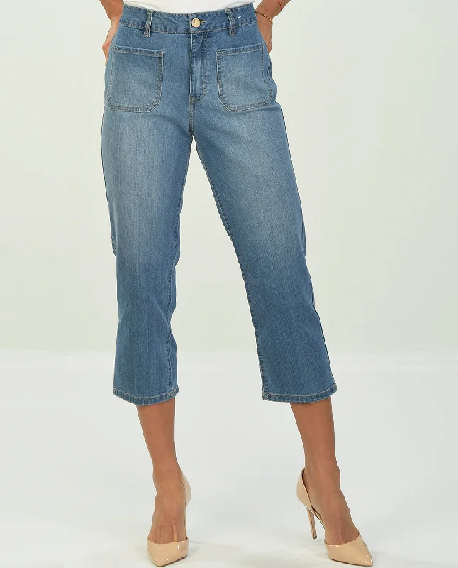 D Jeans Patch Pocket Crop Jean Elegant High-Waisted Flared Jeans