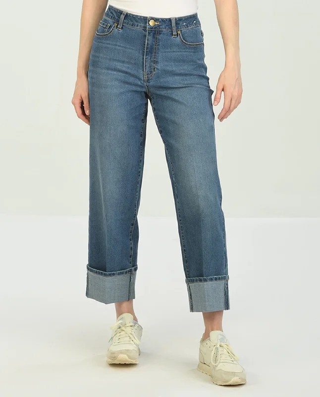 D Jeans Wide Leg Ankle Jean with Cuff Chic Double Waistband Jeans