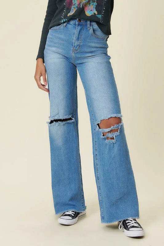 Distressed Wide Fit Jeans Comfortable Mid-Rise Jeans