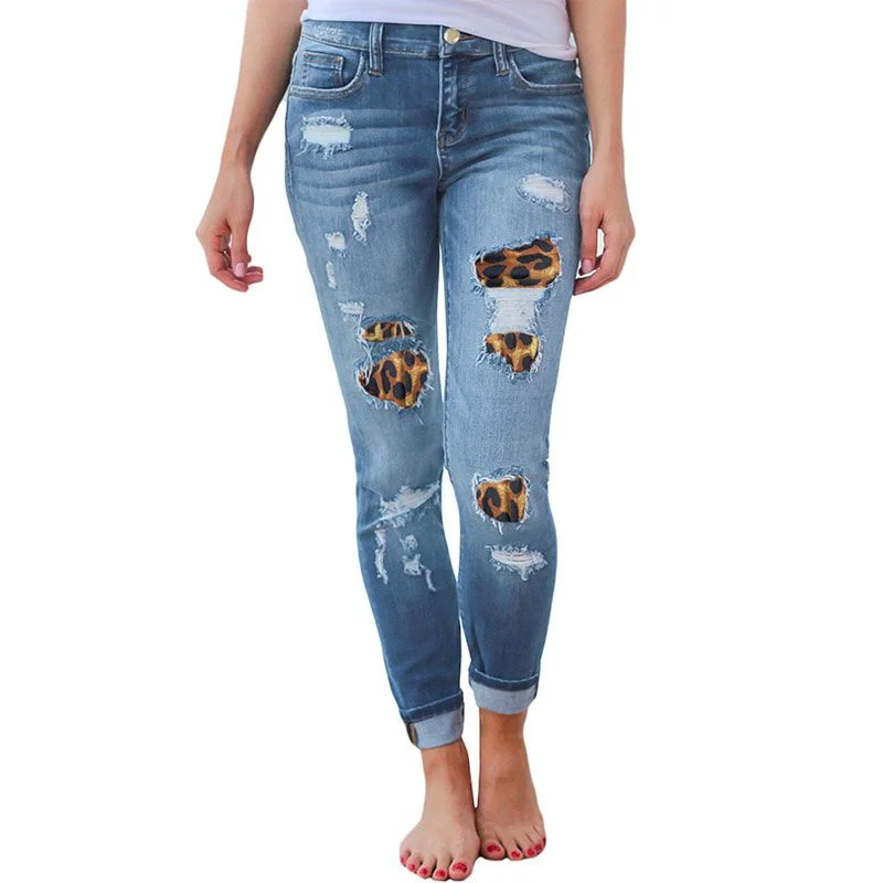 Fashion Leopard Print Patchwork Design Pencil Skinny Jeans Trendy Patchwork Denim Jeans